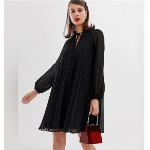 ASOS Red Chiffon Pleated Trapeze Dress w. Ruffle Neckline & Tie - Size 10 - Picture 11 of 16